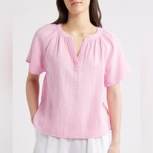 beachlunchlounge Pink Blouse Cotton Gauze Popover Top Boxy Relaxed Fit, Small